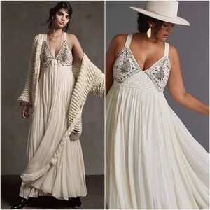 Anthropologie Rana Gill Zvezda Beaded Maxi Dress Cream Size 2X Embellished